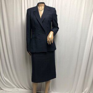 Vintage Double Breasted Navy Blue Blazer Skirt Set Womens Size 9-10 Business